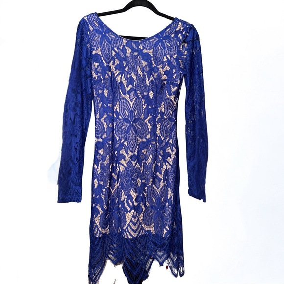 Charlotte Russe Blue Tan Sheath Dress Long Sleeve Open Back - Picture 1 of 7